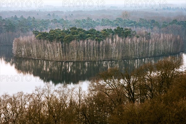 Six-lake plateau in Duisburg-Wedau, island on Lake Haubach, Duisburg, North Rhine-Westphalia, Germany, Europe