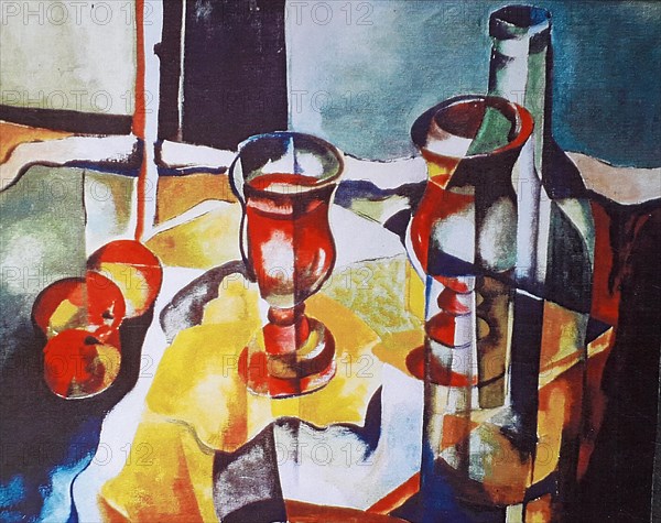 Oil painting by Volker von Mallinckrodt in the Cubist style, Cubism, with wine bottle, two wine glasses and apples