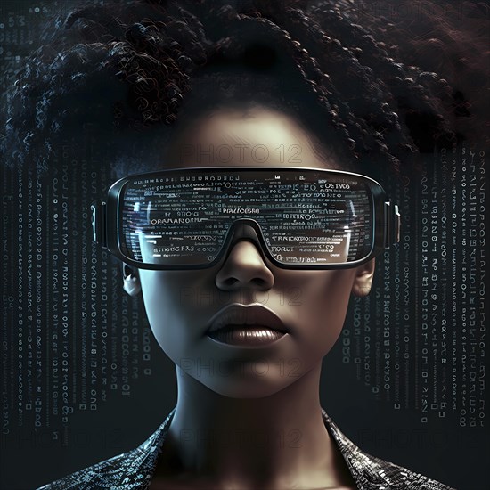 Man with data glasses for artificial intelligence stands in front of a data stream