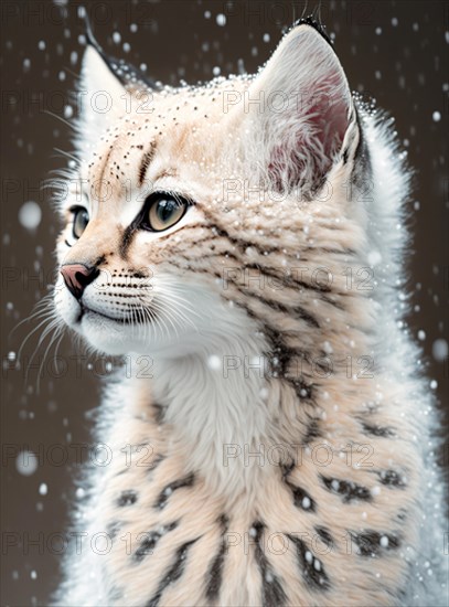 A snow leopard cub in snowfall