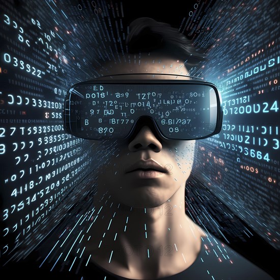 Man with data glasses for artificial intelligence stands in front of a data stream