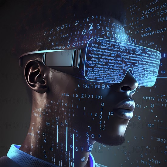 Man with data glasses for artificial intelligence stands in front of a data stream