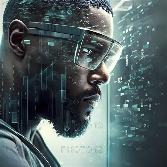 Man with data glasses for artificial intelligence stands in front of a data stream