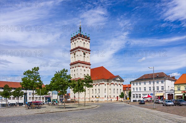 Lively scene in front of the town church on the historic market square of Neustrelitz