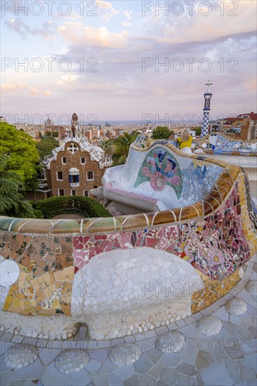 Benches with colourful mosaic