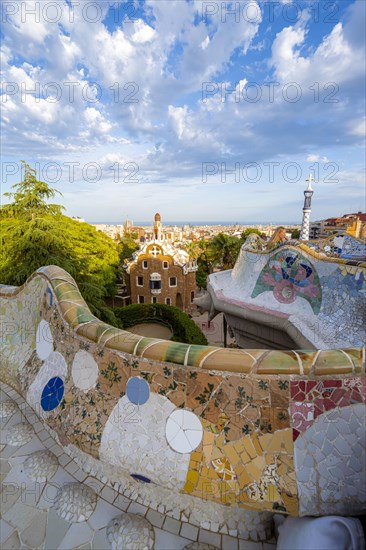 Benches with colourful mosaic