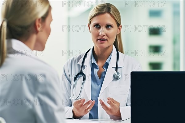 A doctor in a white coat with a stethoscope talking to a patient