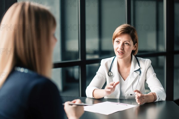 A doctor in a white coat with a stethoscope talking to a patient