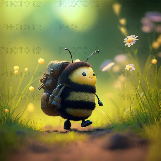 A cute honey bee with school bag on its way through a summer meadow