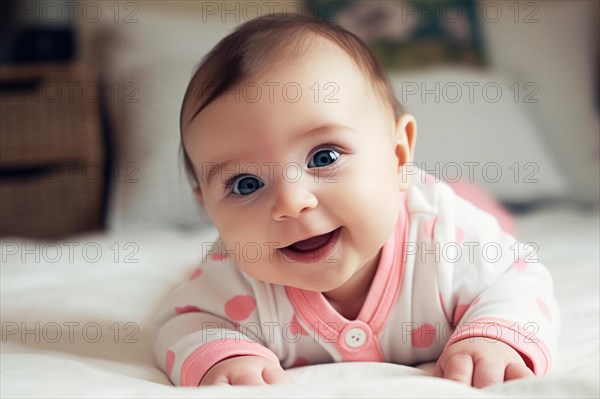 A laughing dark-haired baby in a pink romper suit