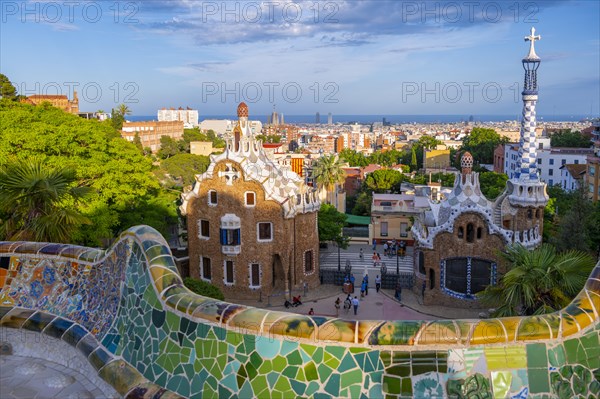 Benches with colourful mosaic