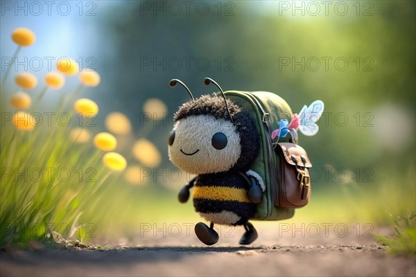 A cute honey bee with school bag on its way through a summer meadow