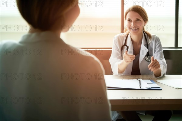 A doctor in a white coat with a stethoscope talking to a patient