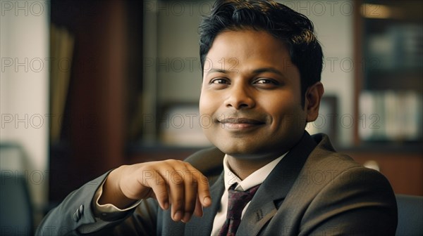 Smiling successful young adult Indian executive businessman in his office