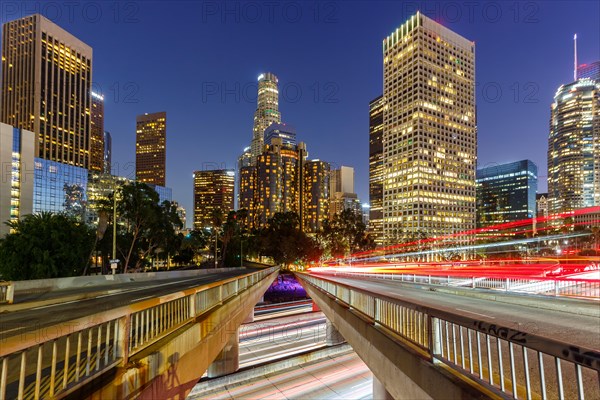 Downtown Los Angeles skyline with skyscrapers in the evening in Los Angeles