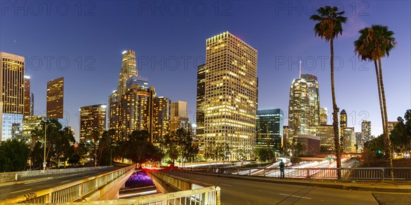 Downtown Los Angeles skyline with skyscrapers in the evening panorama in Los Angeles