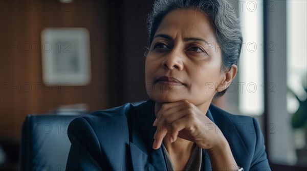 Contemplative successful middle-aged Indian executive businesswoman in her office