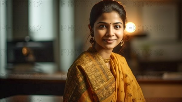 Smiling successful young adult Indian executive businesswoman in her office