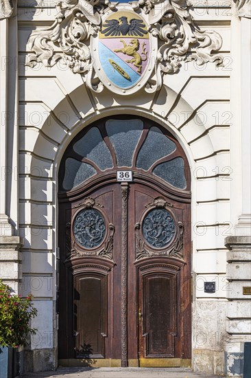 Ornate round arch house door decorated with coat of arms