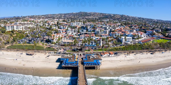 Aerial view of pier and beach with sea holiday panorama in California San Clemente