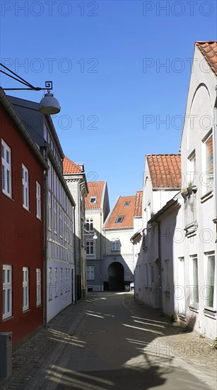 Morning shot of colored houses on a alley in the small town of Aalborg