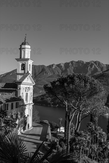 Church of Saints Fedele and Simone and Lake Lugano with Mountain in a Sunny Day in Vico Morcote