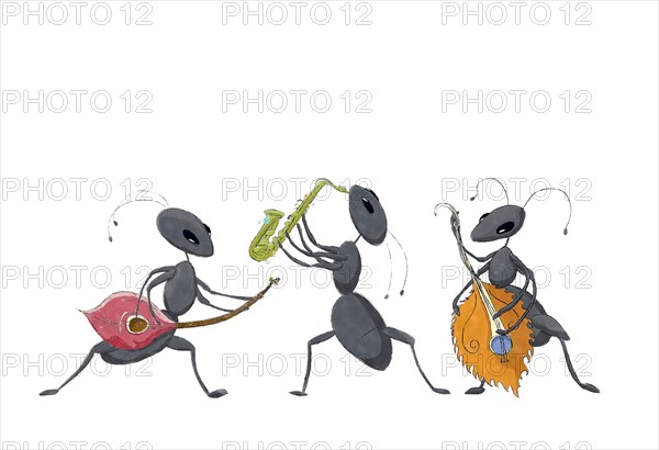 Watercolor sketch fantasy drawing of three ants playing music