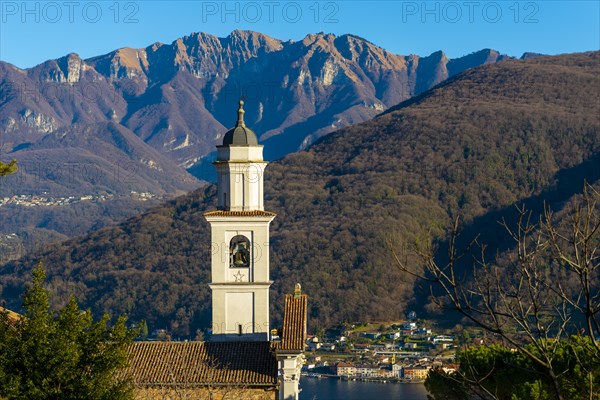 Church of Saints Fedele and Simone and Lake Lugano with Mountain in a Sunny Day in Vico Morcote