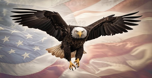 American bald eagle in flight with an american flag abstract background