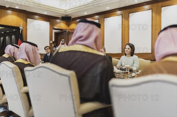 (R-L) Annalena Baerbock (Buendnis 90 Die Gruenen), Federal Minister of Foreign Affairs, meets Prince Faisal bin Farhan Al Saud, Foreign Minister of Saudi Arabia, for joint talks in Jeddah, 15 May 2023. Baerbock travels to Saudi Arabia and Qatar on her three-day trip, Jeddah, Saudi Arabia, Asia