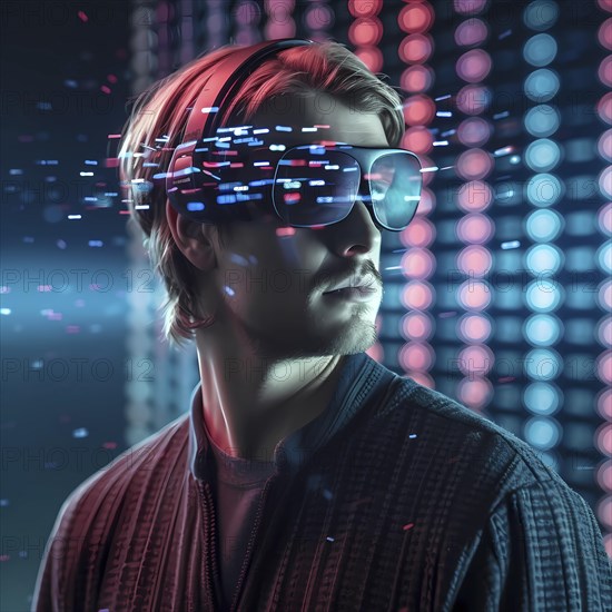 Man with data glasses for artificial intelligence stands in front of a data stream