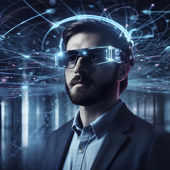 Man with data glasses for artificial intelligence stands in front of a data stream