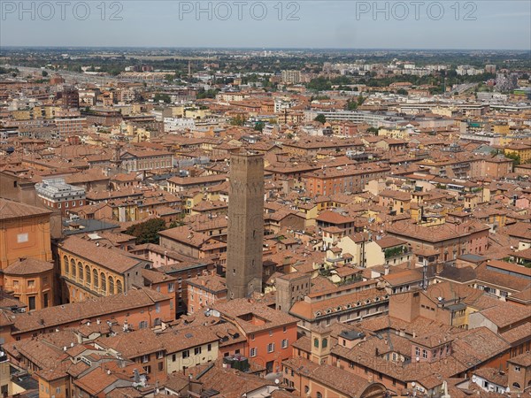 Aerial view of the Torre Prendiparte tower in the city of Bologna
