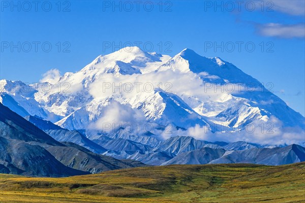 Mountainous landscape view at Mount McKinley peak in Denali National Park and Preserve at Autumn in Alaska