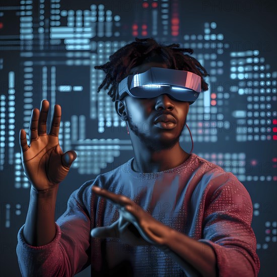 Man with data glasses for artificial intelligence stands in front of a data stream