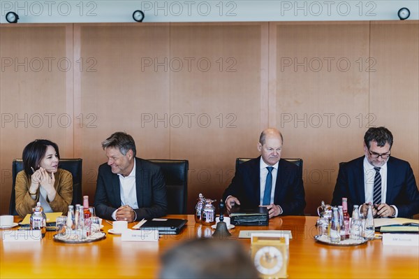 (R-L) Wolfgang Schmidt (SPD), Head of the Federal Chancellery, Olaf Scholz (SPD), Federal Chancellor, Robert Habeck (Buendnis 90 Die Gruenen), Federal Minister for Economic Affairs and Climate Protection and Vice Chancellor, and Annalena Baerbock (Buendnis 90 Die Gruenen), Federal Minister for Foreign Affairs, taken during the weekly cabinet meeting in Berlin, 24.05.2023., Berlin, Germany, Europe