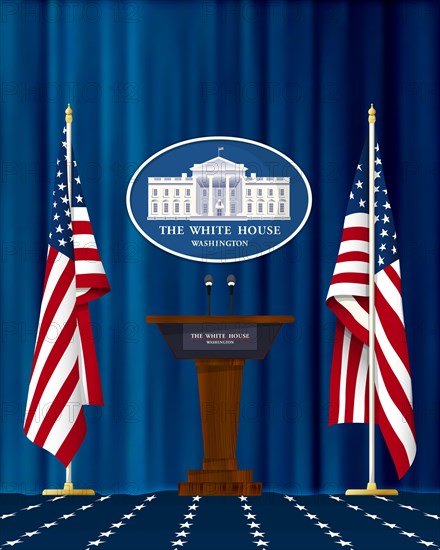 White House Press Podium with USA Flags Vector Illustration
