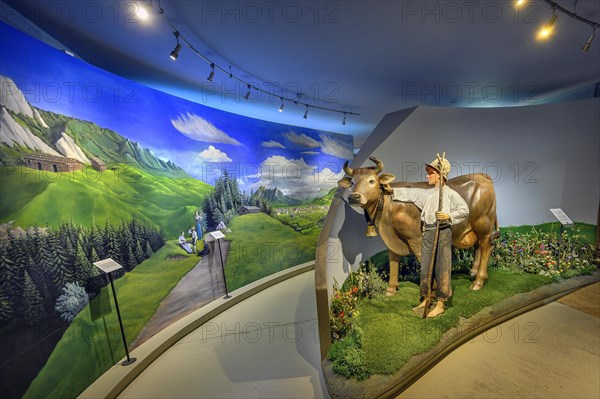 Painted landscape panorama with cow and guardian boy