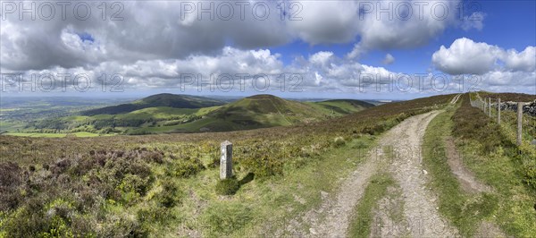 Waymarker and round fort at Moel Arthur