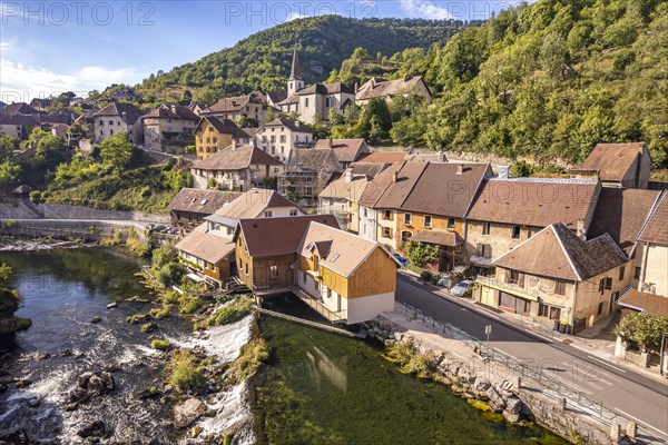 The village of Lods and the river Loue seen from the air