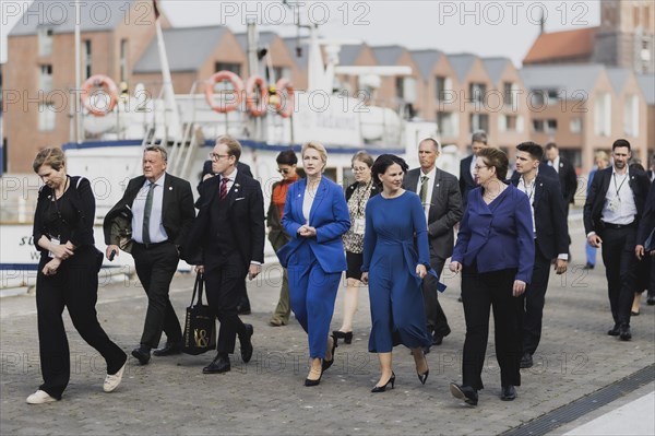 (L-R) Lars Lokke Rasmussen, Foreign Minister of Denmark, Tobias Billstroem, Foreign Minister of Sweden, Manuela Schwesig, SPD, Minister-President of Mecklenburg-Western Pomerania, Annalena Bärbock (Bündnis 90 Die Grünen), Federal Minister for Foreign Affairs, and Klara Geywitz (SPD), Federal Minister for Housing, Urban Development and Construction, taken at the meeting of the Foreign Ministers of the Council of the Baltic Sea States in Wismar, 01.06.2023., Wismar, Germany, Europe