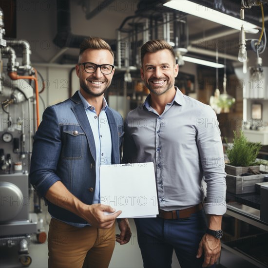 Cheerful homeowner and engineer rejoice in installing new heating system