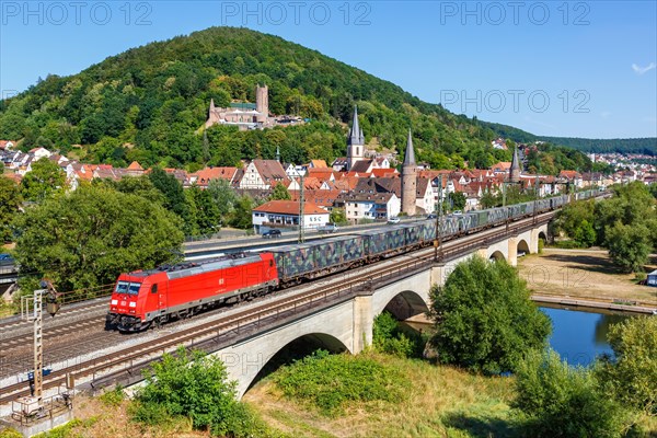 Goods train with military container cargo train of Deutsche Bahn DB in Gemuenden am Main