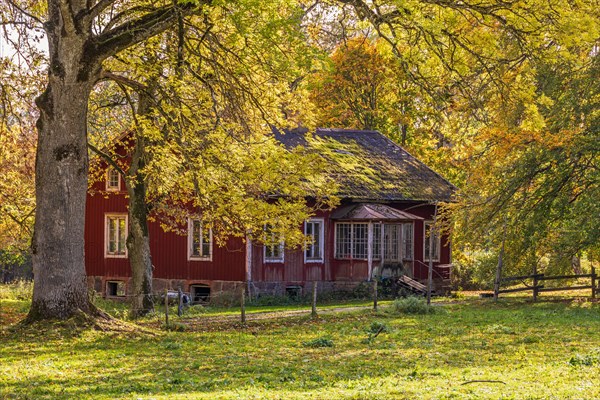 Red cottage in a meadow with beautiful autumn leaves on the trees