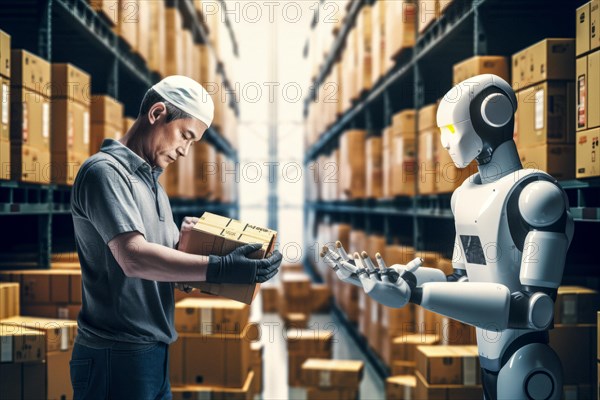 AI controlled robots in a parcel warehouse with warehouse worker