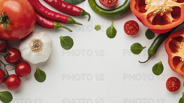 Top view bell pepper with tomatoes garlic