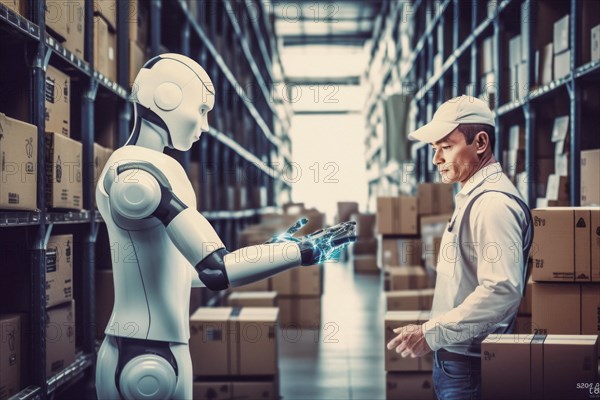 AI controlled robots in a parcel warehouse with warehouse worker