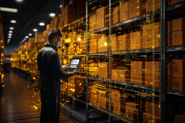 A warehouse worker in a goods warehouse controls logistics with a tablet