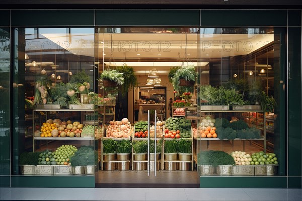 A modern fruit shop with various boxes of fruit and vegetables in front of the door