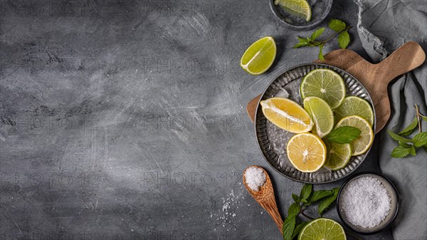 Plate with lime lemon slices flat lay
